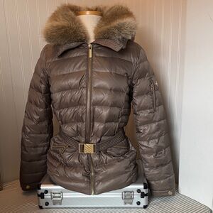 Michael Kors Taupe Puffer Jacket with Fur Collar